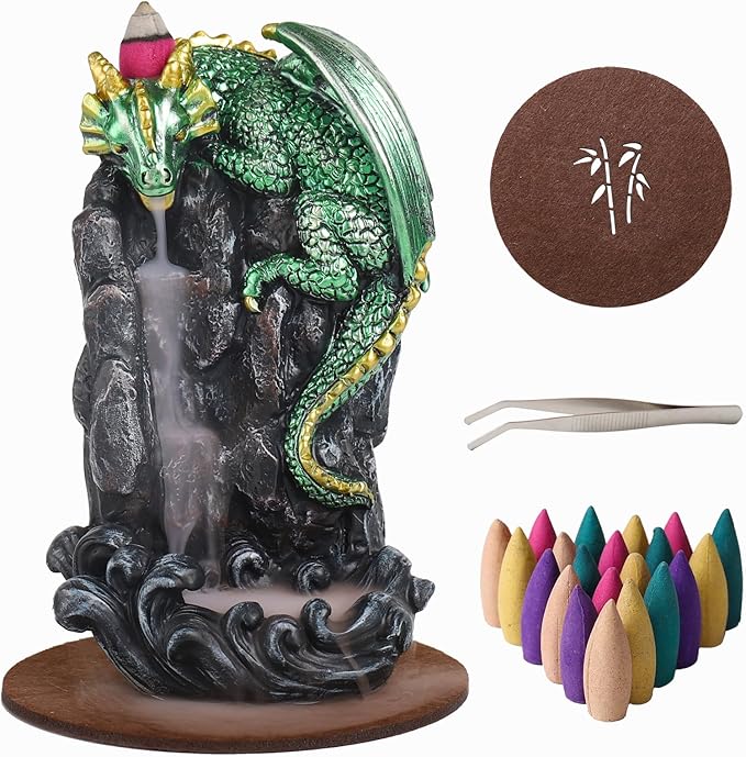 Dragon Backflow Incense Holder Waterfall Incense Burner, with 100 Backflow Incense Cones,1 Mat,1 Tweezers，Aromatherapy Ornamental for Home Office Yoga （Green Dragon）