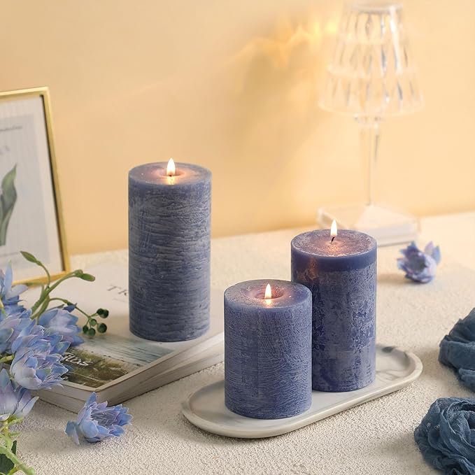 Blue Pillar Candles Set of 3 - Hand-Poured Unscented Candles,Smokeless Dripless Candles for Dinner Table and Home, Set of 3 in Different Sizes (3"x4", 3"x5", 3"x6")