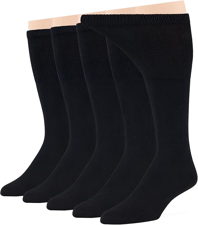 7BigStars Men Diabetic Loose Dress Business Cotton Mid Calf Socks - 5 Pack Large - Solid Casual - Sock Size 10-13 Shoe Size 9-12 L Black