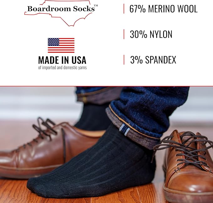 Merino Wool Mid-Calf Dress Socks for Men, Ribbed Dress Socks
