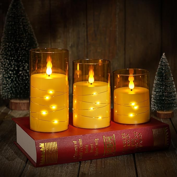 Flashing Flameless Candles with String Light, Battery Powered Candle, Recessed String LED Candles, Indestructible Plexiglass Candle with Remote Control, Set of 3, Amber