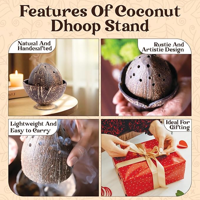 Handmade Coconut Shell DHOOP Stand – Eco-Friendly Natural Incense Holder Charcoal/Cone Burner, Sage Stand, Palo Santo Holder, Ash Catcher for Aromatherapy, Meditation, Yoga, Spiritual