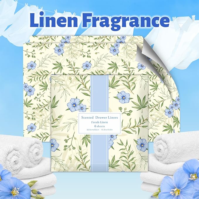 SCENTORINI Fresh Linen Drawer Liners Shelf Liners, 14.3 x 19.6 Inch 6 Sheets, Scented Drawer Liners for Dresser Bedroom Home Shelf Closet