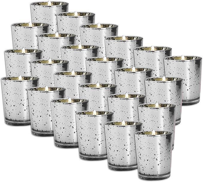 Royal Imports Silver Mercury Glass Votive Candle Holder, Table Centerpiece Tealight Decoration for Elegant Dinner, Party, Wedding, Holiday, Set of 24 (Unfilled)