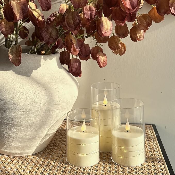 Flashing Flameless Candle with String Light, Battery Powered Candle, Recessed String LED Candle, Indestructible Plexiglass Candles with Remote Control, Set of 3, Ivory White