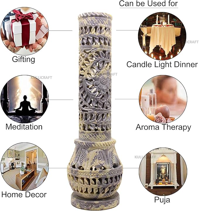 Carry Me Marble Soapstone Incense Stick Holder | Candle Burner | Tea Light Stand - Perfect Handmade Bottle Tower. Decorative Floral Carving for Gifting - Home and Office Decor - (2.5x2.5x10 Inches)