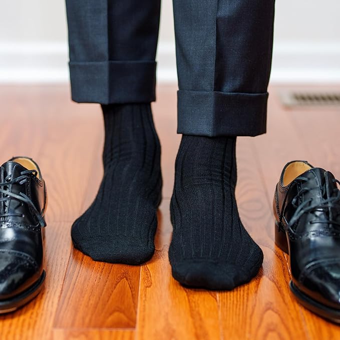 Merino Wool Mid-Calf Dress Socks for Men, Ribbed Dress Socks
