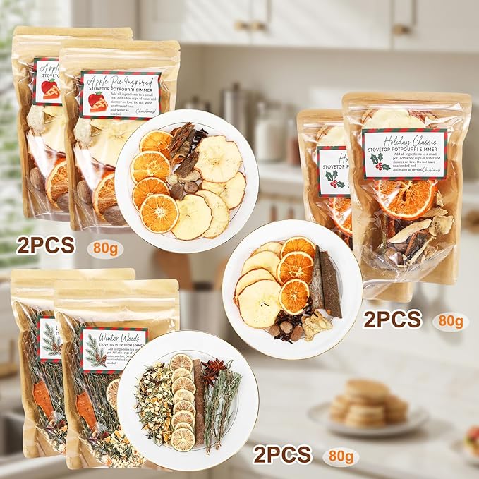 6 Pack Potpourri Simmer Kit 480g Christmas Stovetop Potpourri with Stickers 3 Combinations Winter Holiday Natural Non Toxic Home Fragrance for Xmas Scent Stocking Stuffer Gifts