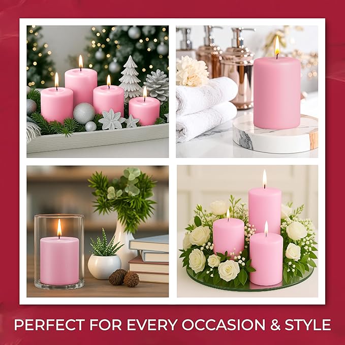 Biedermann & Sons 45-Hour Long Burning Unscented Pillar Candles, Dusty Rose, 3 x 4 Inch - Set of 6