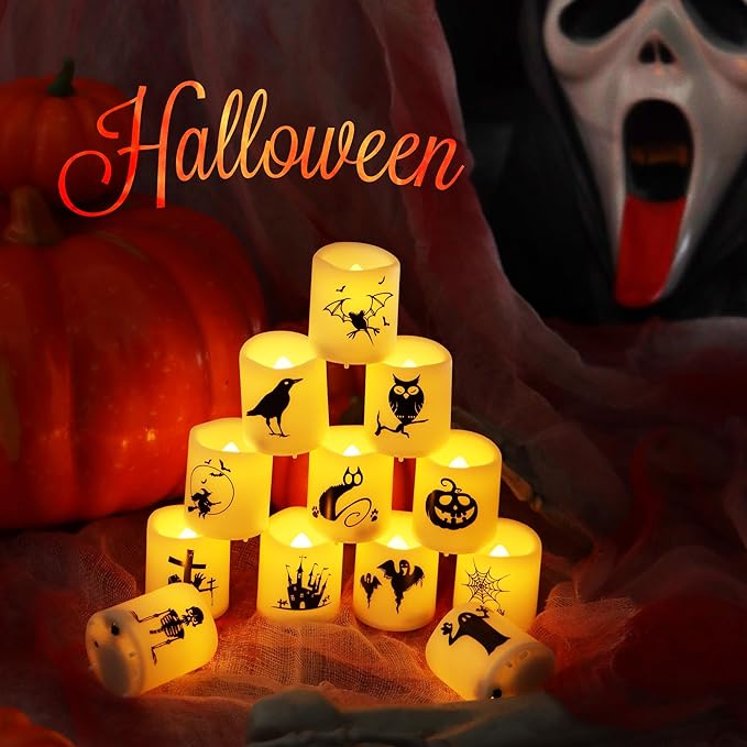 CANDLE CHOICE Battery Operated Flameless Votive Candles with Timer LED Candle Lights with Automatic Built-in Daily Cycle Timer Halloween Decals for Halloween Decorations Pack of 12 Batteries Included