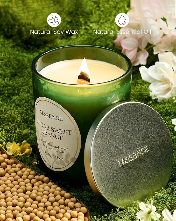 M&SENSE Cedar Orange Candles, Wooden Wick Strong Scented Candle, 100 Hours Long Burning No Toxin Natural Soy Wax 18oz, Cozy Air Purifying Relaxing Home Fragrance, Housewarming Gifts for Her Him