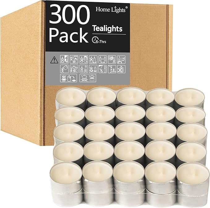HomeLights Unscented White Tealight Candles -300 Packs, 6 to 7 Hour Burn Time Smokeless, Mini Votive Paraffin Candles with Cotton Wicks for Shabbat, Weddings, Christmas
