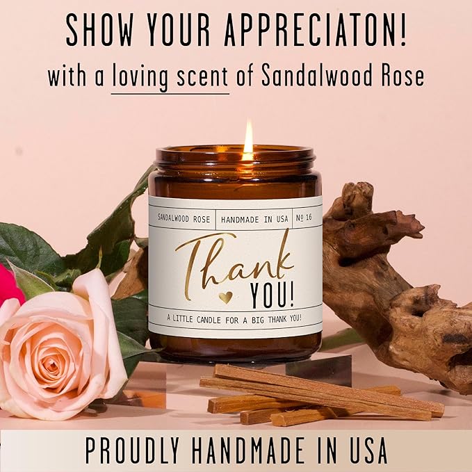 Thank You Gifts for Women - 'Thank You' Candle, w/Sandalwood Rose I Appreciation Gifts for Women I Thank You Gift for Friends, Couples, Coworkers, Boss, Teacher, Staff, Employee I 50Hr Burn, USA Made