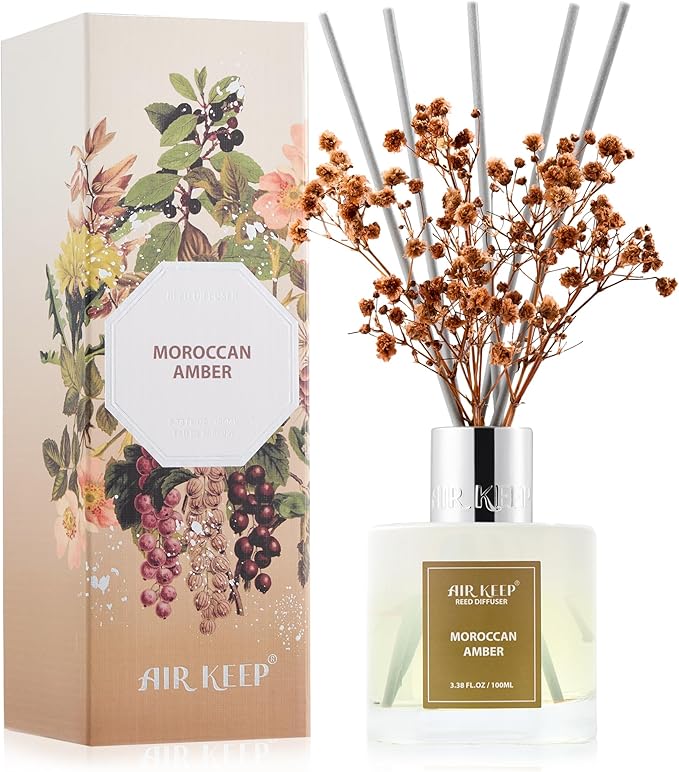 Airkeep Reed Diffuser Set,3.38 fl oz (100 ml) - Moroccan Amber Oil Diffusers with 8 Reed Sticks, Home Fragrance Reed Diffuser for Bathroom Shelf Decor