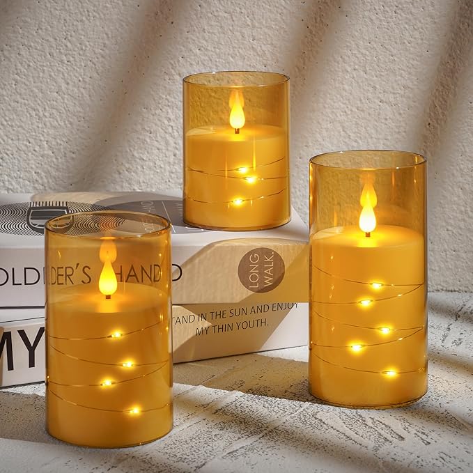 Flashing Flameless Candles with String Light, Battery Powered Candle, Recessed String LED Candles, Indestructible Plexiglass Candle with Remote Control, Set of 3, Amber