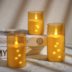 Flashing Flameless Candles with String Light, Battery Powered Candle, Recessed String LED Candles, Indestructible Plexiglass Candle with Remote Control, Set of 3, Amber