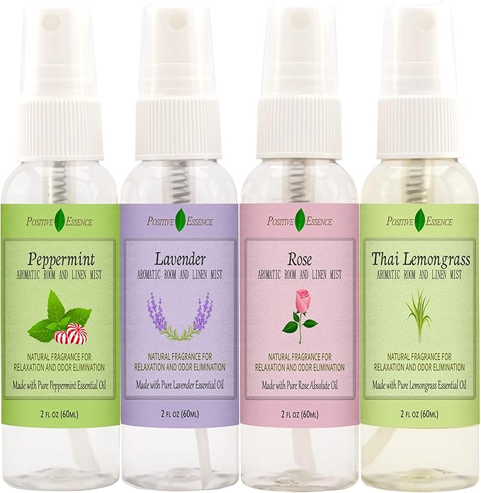 Linen and Room Spray Gift Set, (Lavender, Lemongrass, Rose, & Peppermint), Natural Air Freshener Made with Pure Essential Oils & Minimal Ingredients, Perfect Bathroom Spray or Room Mist, 4-Pack