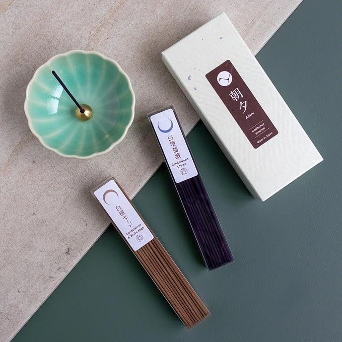 Asayu Japan Traditional Incense Sticks - Purification Set (Sandalwood & White Sage + Sandalwood & Rose), 40gr (Each Scent 20g), for Yoga, Zen Meditation and Relaxation - Traditional Smoke Type