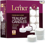 Lerner Tealight Candles in Clear Cups, 100 Count| 8 Hours Long-Burning White Tea Light Candles| Non-Toxic, Smokeless & Soot-Free Tea Light Warmer Candles | Unscented Party, Décor, Shabbat Tea Candles