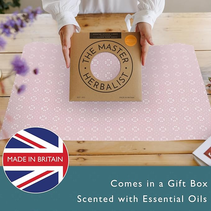 Fragrant Scented Drawer Liners in a Geometric Print (Folded) | Natural | Pack of 5 Sheets | Contains Essential Oils | Made in The UK (Helebore Pink | Neroli & Bergamot, Folded)