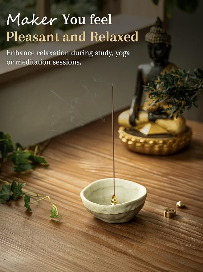 Incense Burner, Ceramic 4 in 1 Incense Holder, Unique Round Shape Incense Holder for Sticks, Handcrafted Incense Cone Burner with 3 Incense Sockets for Meditation Space, Yoga, Gray-Green