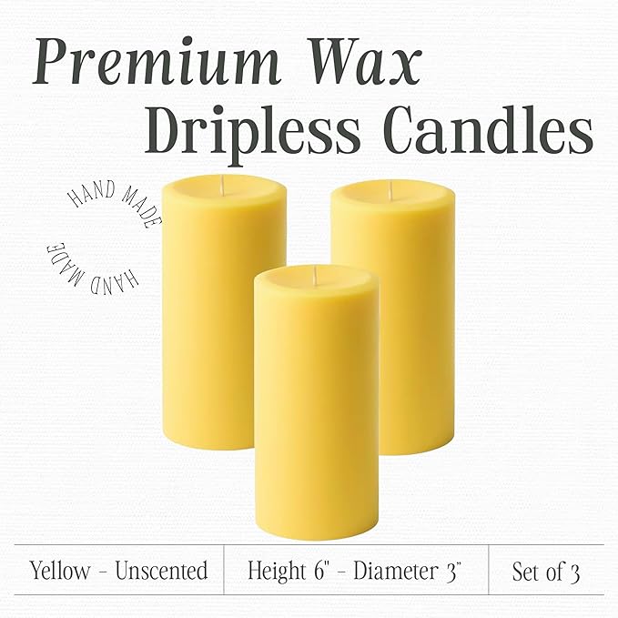 3" x 6" Yellow Pillar Candles (Set of 3) Unscented, Solid Color, Hand Crafted Weddings, Home Decoration, Restaurants, Spa, Church, Holiday Candle Gift