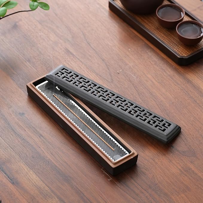 Incense Holder,Ceramic Incense Holder for Sticks with Ash Catcher,Coffin Style Incense Box,Incense Burner for Meditation Yoga Spa Room Decor(Brown)