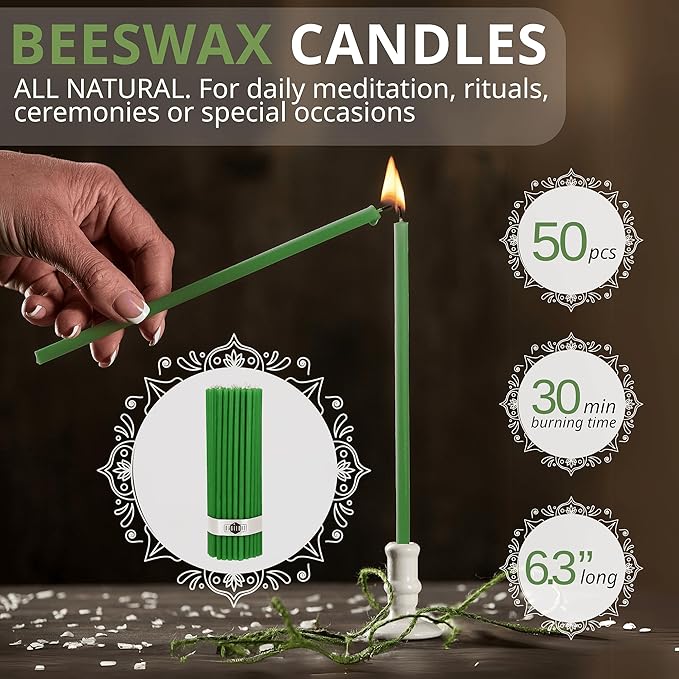 Danilovo Smudging Kit – 5 Palo Santo Sticks, 1 White Sage Smudge Stick, 50 Beeswax Taper Candles & Ceramic Candle Holder Set for Meditation, Cleansing, and Spiritual Practices