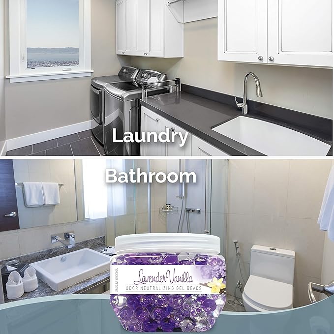 SMELLS BEGONE Odor Eliminator Gel Beads - 12 oz, Pack of 2 - Eliminates Odor in Bathrooms, Cars, Boats, RVs & Pet Areas - Air Freshener - Made with Essential Oils - Lavender Vanilla Scent