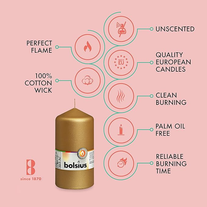 BOLSIUS 8 Gold Pillar Candles Metallic - 2.75 x 5 Inches - Premium European Quality - Individually Wrapped - 43 Hours Burn Time - Dripless & Smokeless - Unscented Dinner, Wedding & Home Decor Candles