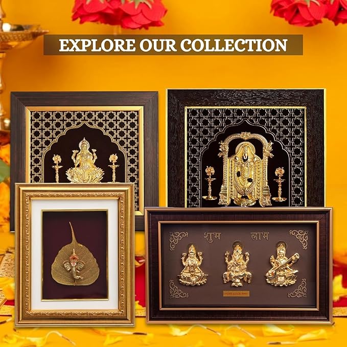 Golden Ganesha Gold Leaf - God Gold Plated Decorative Photo Frame | for Gifting, Home Decor, Table Decor and Temple or Pooja Room Decoration (9.5 x 8 Inches)