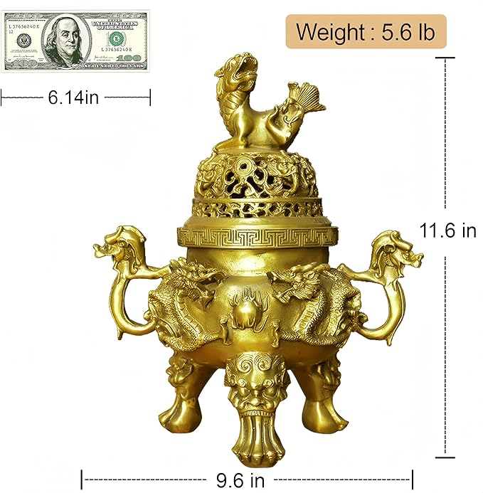 Top Brass Incense Burner & Holder Censer - Handmade for Home Decor, Meditation Decor, Spiritual Gifts, Zen Decor, Suitable for Incense Coil and Incense Cones,Chinese New Year Decoration (Medium)