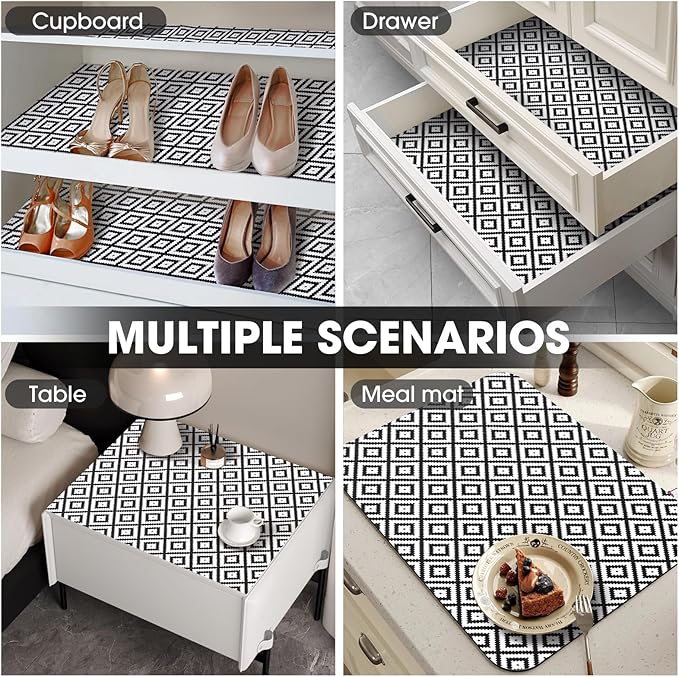 Drawer and Shelf Liner, Non-Slip Kitchen Cabinet Liners Non-Adhesive Thick Strong Grip Waterproof Washable Mats Protect Dresser Shelves Cupboard Bathroom Cabinets, Black & White, 18 in X 10 FT