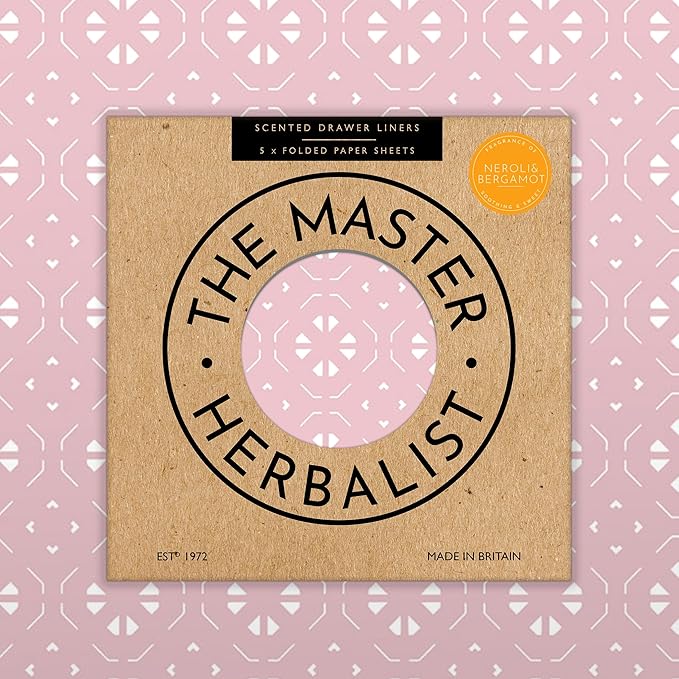 Fragrant Scented Drawer Liners in a Geometric Print (Folded) | Natural | Pack of 5 Sheets | Contains Essential Oils | Made in The UK (Helebore Pink | Neroli & Bergamot, Folded)