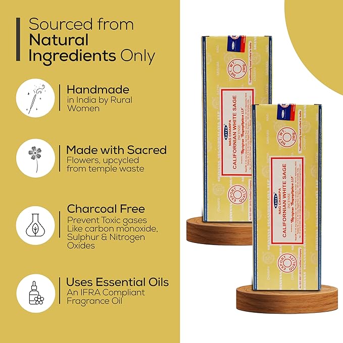 Satya Californian White Sage Incense Sticks 250 gmx 2 Pack (500 GMS), Insenses with Raajsee Insence Holder Bundle, Nag Champa Natural Incense