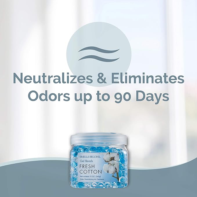 SMELLS BEGONE Odor Eliminator Gel Beads - 12 oz, Pack of 6 - Eliminates Odor in Bathrooms, Cars, Boats, RVs & Pet Areas - Air Freshener - Made with Essential Oils - Fresh Cotton Scent