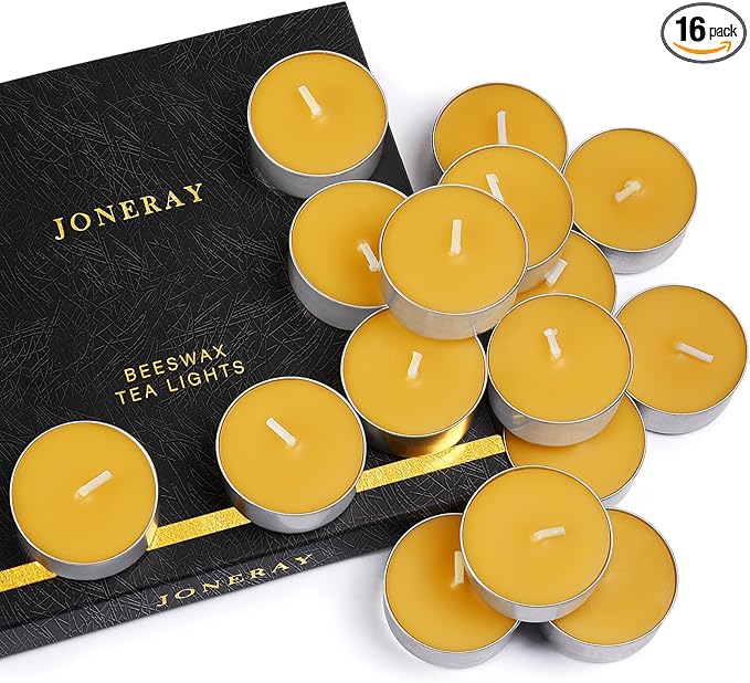16 Packs Beeswax Tealight Candles,Natural Beeswax Tea Lights Candle in Aluminum Cups,4-5 Hour Burn Time,Unscented Smokeless Candles