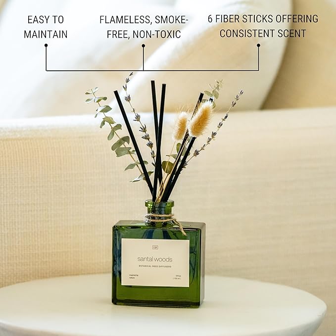 Craft & Kin Reed Diffuser with Dried Flowers | 5 oz Santal Woods Fall Scented Reed Diffusers for Home, Bathroom | Scent Sticks | Elegant Fragrance Home Decor for Men & Women