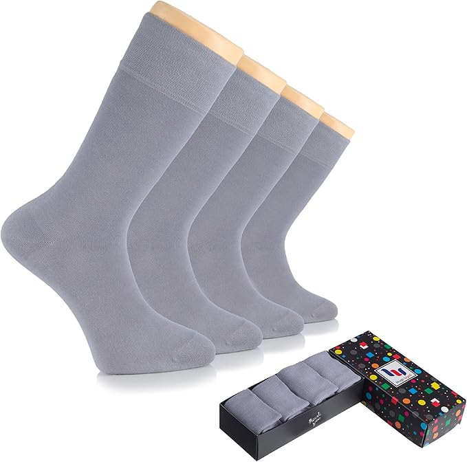 Hugh Ugoli Men's Bamboo Dress Socks for Business & Trouser, Thin & Seamless Crew Socks, 4 Pairs with Gift Box, Shoe Size 8-12