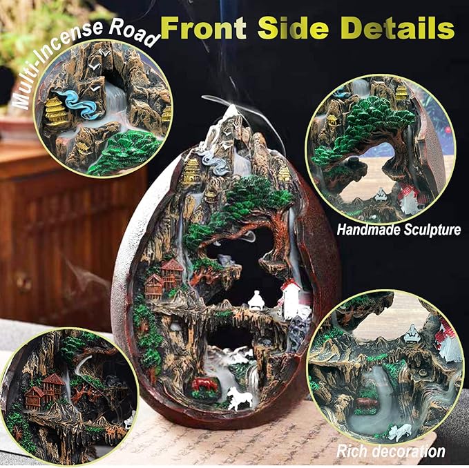 Mountain Waterfall Incense Burner，Backfall Incense Holder River, Incense Falls Meditation Decor for Room with Upgrade Incense Cones and Accessories (2side)