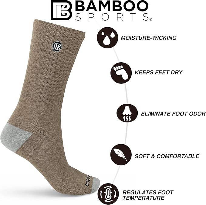 Bamboo Sports Premium Bamboo Crew Work Socks- Moisture Wicking, Odor Eliminating