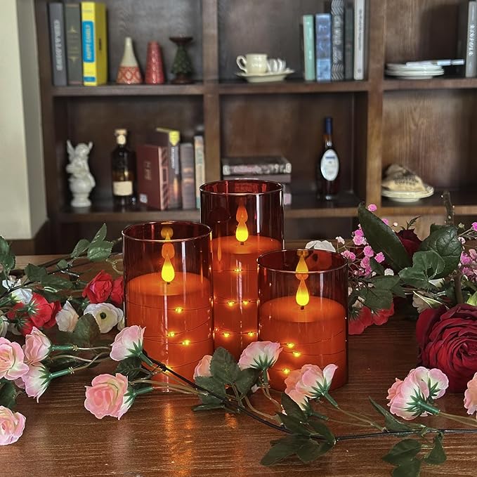 Flashing Flameless Candles with String Light, Battery Powered Candle, Recessed String LED Candle, Indestructible Plexiglass Candles with Remote Control, 3 Piece Set, Red