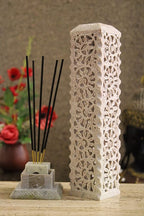 Carry Me Handmade Marble Soapstone Incense Stick Burner | Candle Stick Holder | Tea Light Stand - Perfect Incense Tower for Gifting. Decorative Home and Kitchen Decor (3 x 3 x 11 Inches)