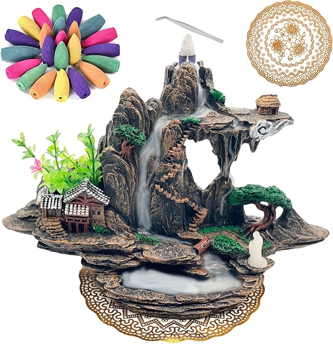 Mountain Waterfall Incense Burner，Backfall Incense Holder River, Incense Falls Meditation Decor for Room with Upgrade Incense Cones and Accessories (Mountain)