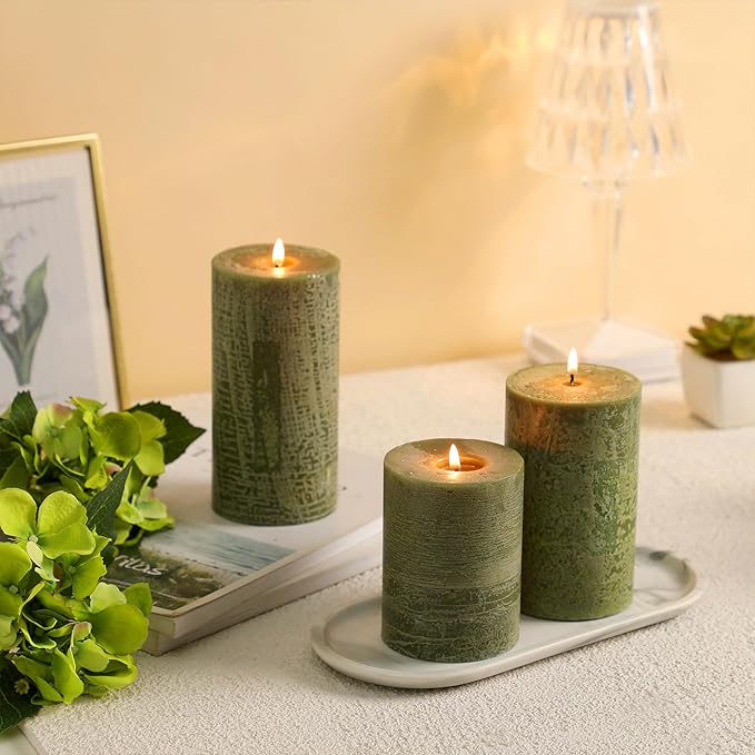 Moss Green Pillar Candles Set of 3 - Hand-Poured Unscented Candles,Smokeless Dripless Candles for Dinner Table and Home, Set of 3 in Different Sizes (3"x4", 3"x5", 3"x6")