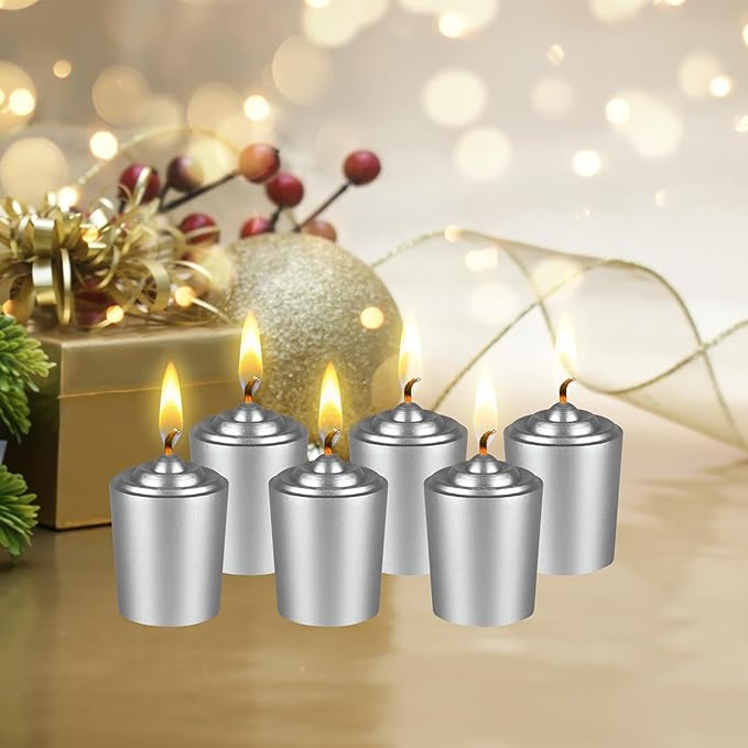 Mega Candles 12 pcs Unscented Silver Votive Candles, Hand Poured Wax Candle 15 Hours 1.5 Inch x 2.25 Inch, Home Décor, Wedding Receptions, Centerpieces, Occasions, Events, Meditations, Holders