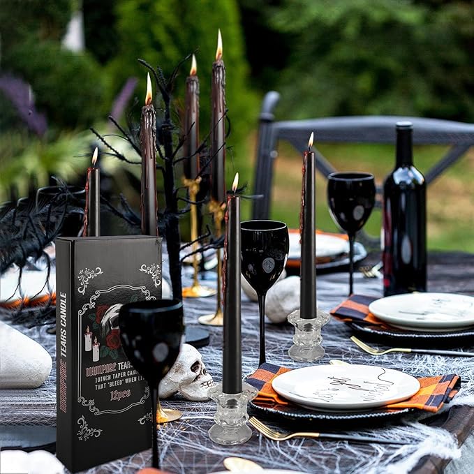 12PCS 10-Inch Black Bleeding Taper Candles,Vampire Tears Taper Candles- Unscented Ideal for Gothic Rituals Halloween, Christmas, Rituals, and Themed Party Decor
