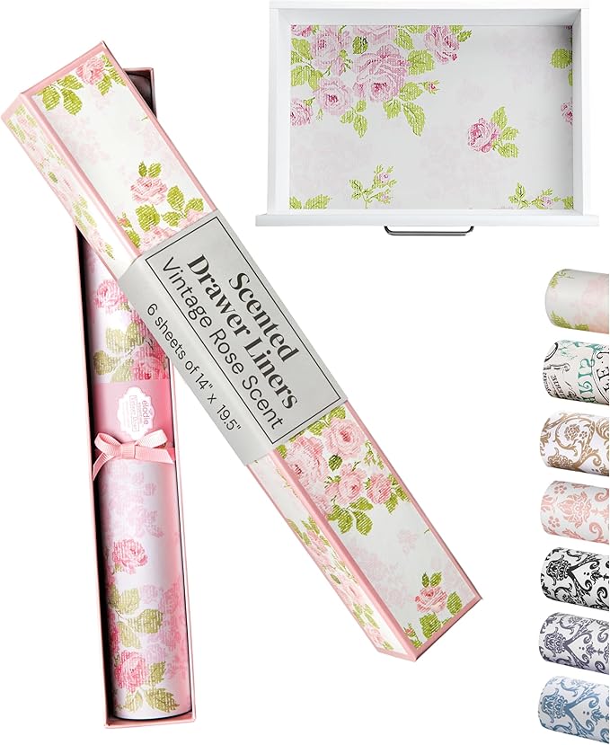 Drawer Liners for Dresser - 14" x 19.5" (Vintage Charm) Vintage Rose Scented Paper Liner for Bedroom & Bathroom Drawers - Non-Adhesive Shelf Paper for Cabinets - Pack of 6