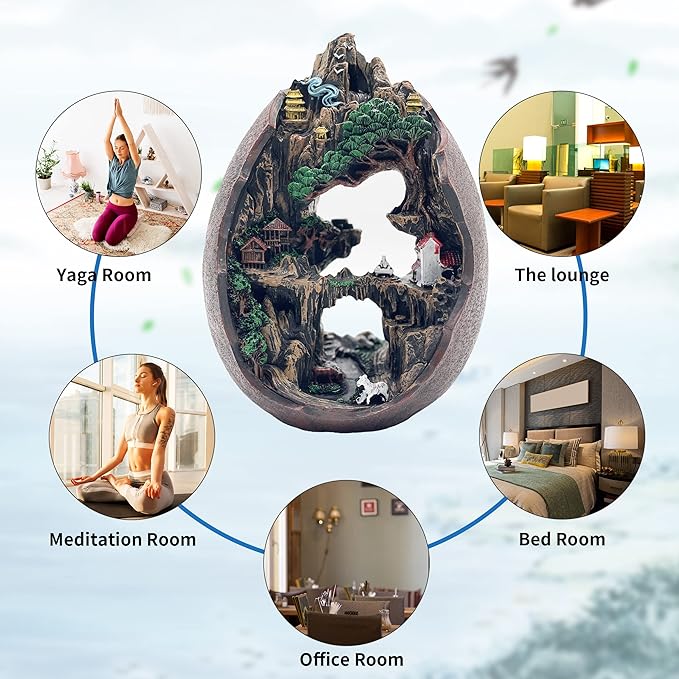 Mountain Waterfall Incense Burner，Backfall Incense Holder River, Incense Falls Meditation Decor for Room with Upgrade Incense Cones and Accessories (2side)