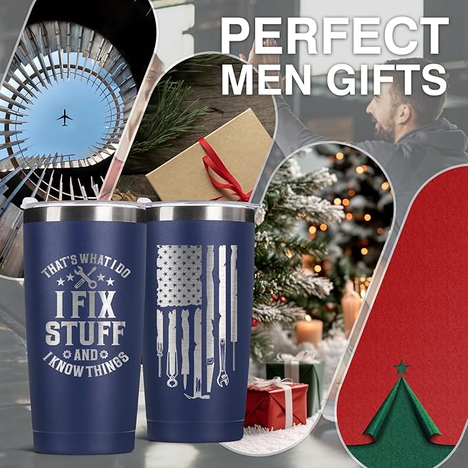 Father's Day Gift for Dad, Grandpa, Husband & Mechanics – 20oz Navy Blue Tumbler | I Fix Stuff & I Know Things - Funny Christmas Birthday Gift for Men | Dad Gifts